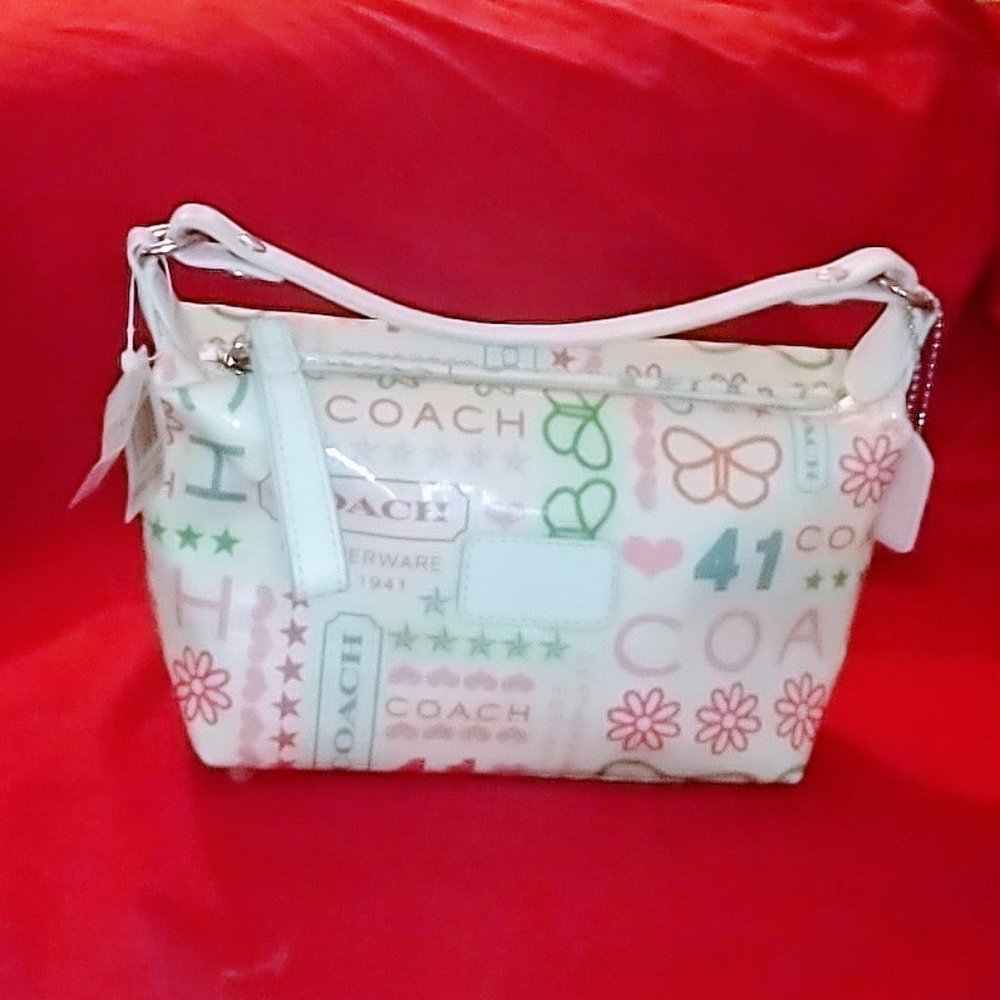 NWT Vintage Coach Purse or Makeup Bag-White with pink/green/blue/orange